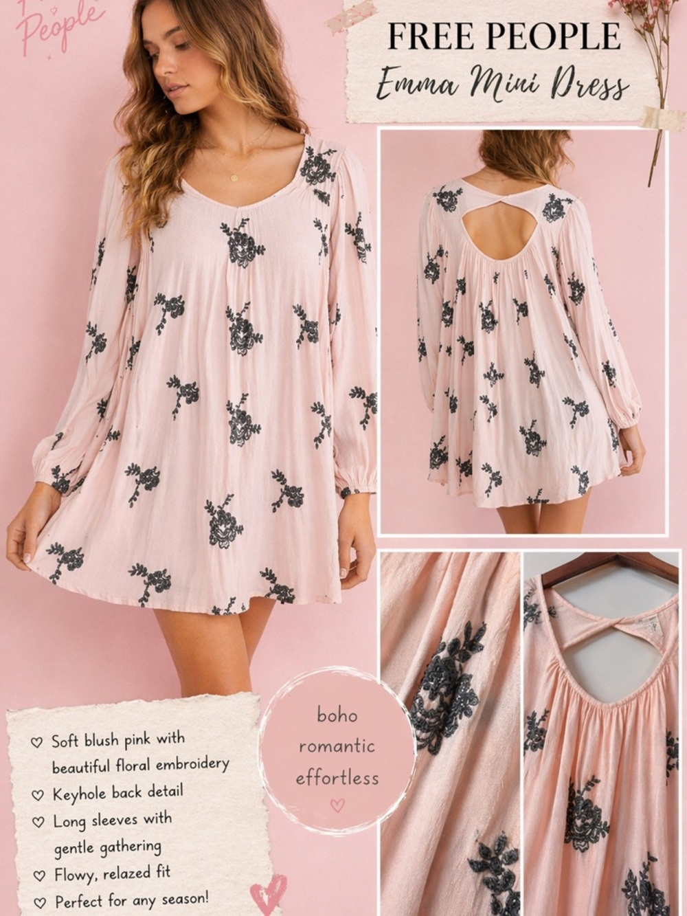 Free People Emma Pink Embroidered Boho Designer Mini Dress Keyhole Back Size‎ L
